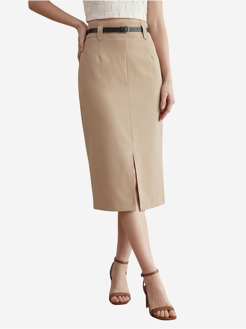 Jupe crayon midi taille haute avec fente my fashion Beige clair - Kiabi