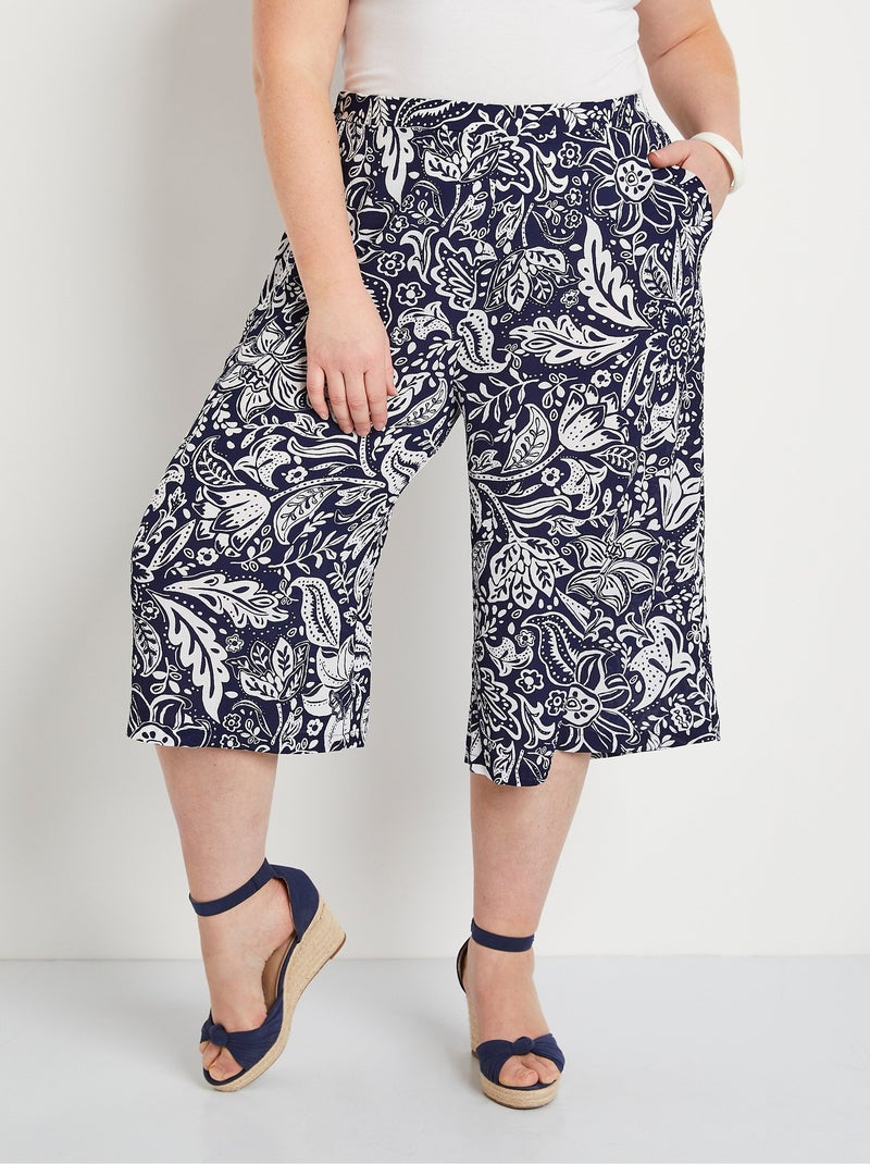 Jupe-culotte taille élastiquée tissu gaufré Bleu Blanc - Kiabi