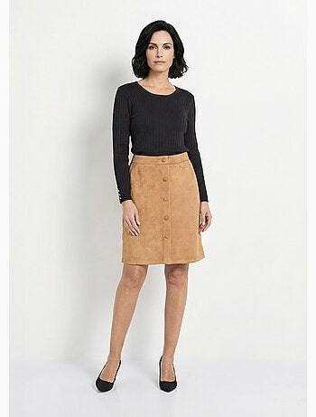 Jupe droite courte tissu suédé effet boutonné - Afibel