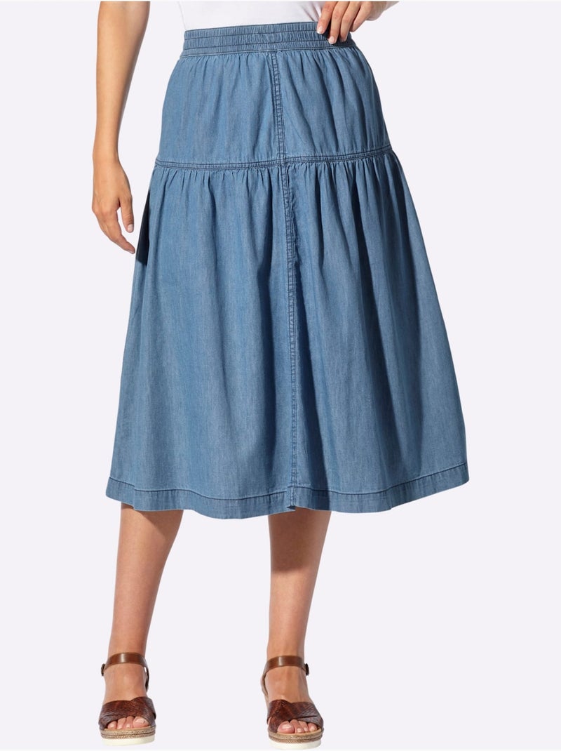 Jupe en jean 100% coton avec ceinture élastique et double couture - taille standard - witt Bleu denim - Kiabi