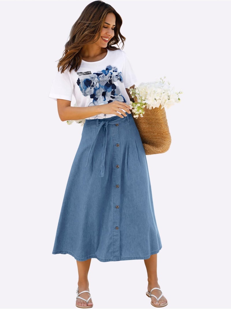 Jupe en jean à boutonnage avec ceinture à nouer - Taille courte - Moda Vilona Bleu Blanc - Kiabi