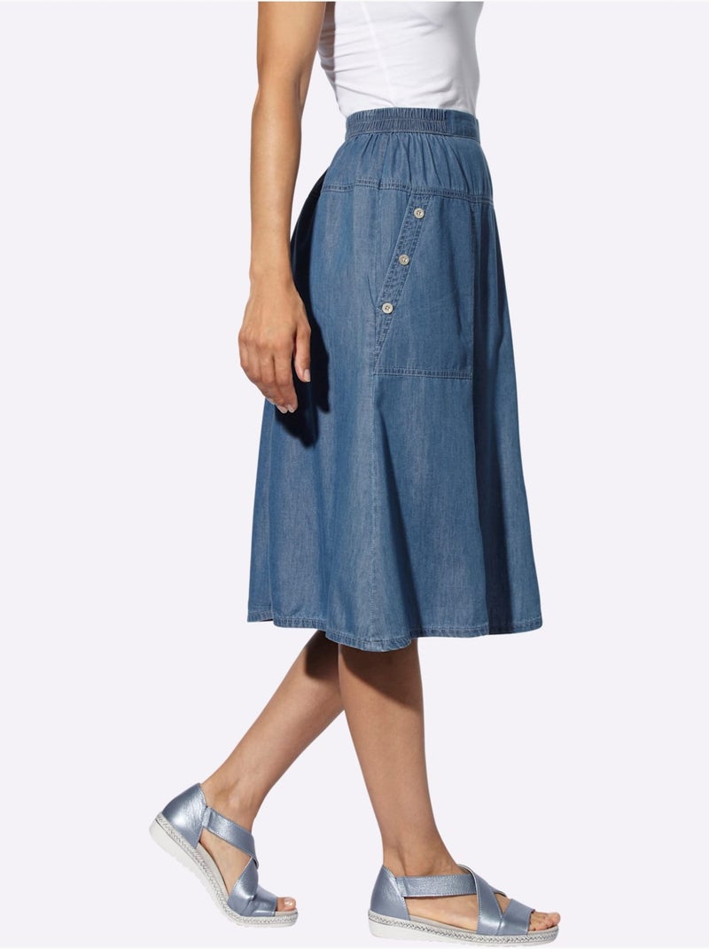 Jupe en jean avec ceinture élastique et poches latérales - Taille courte - Witt Bleu Blanc - Kiabi