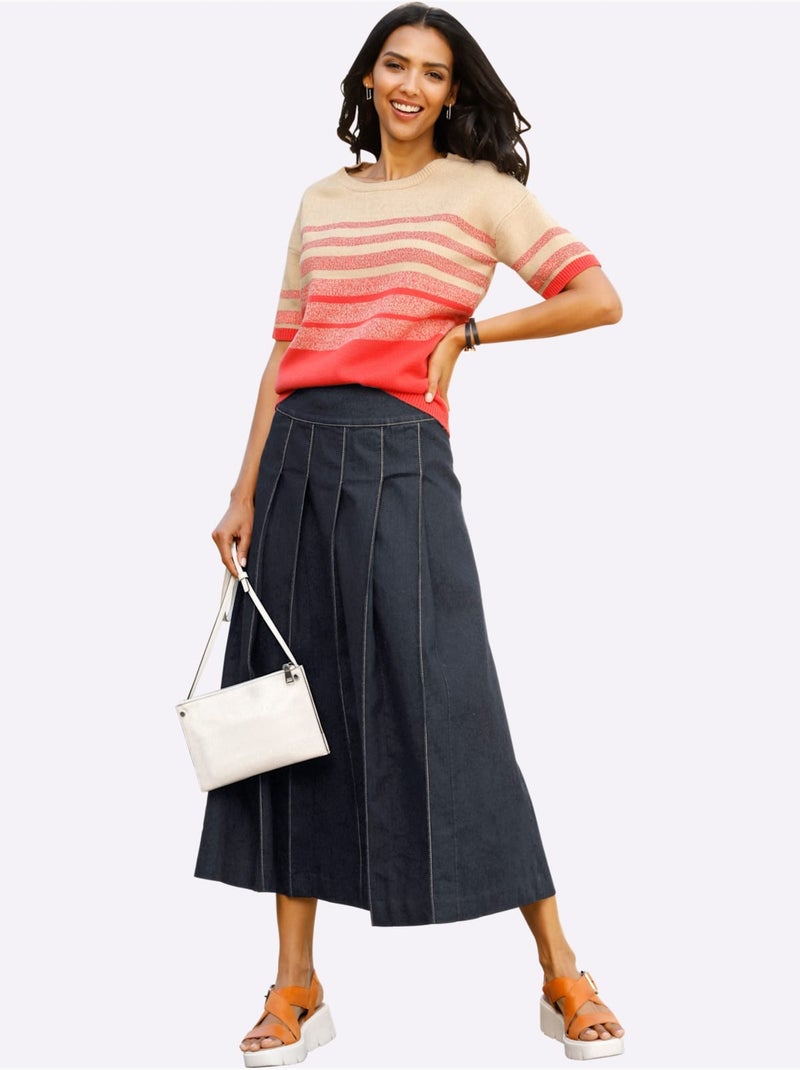 Jupe en jean évasée à plis avec glissière latérale et bouton - taille standard - moda vilona Bleu foncé - Kiabi