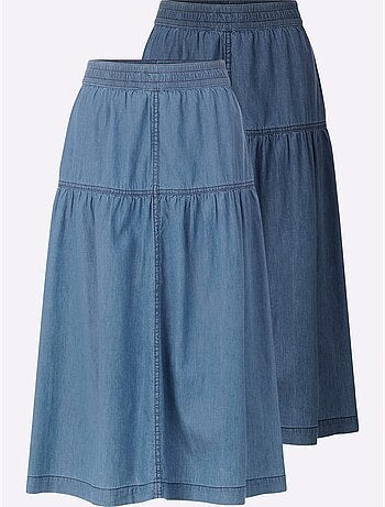 Jupe en jean fluide avec ceinture élastique et couture ton sur ton - Taille courte - Witt