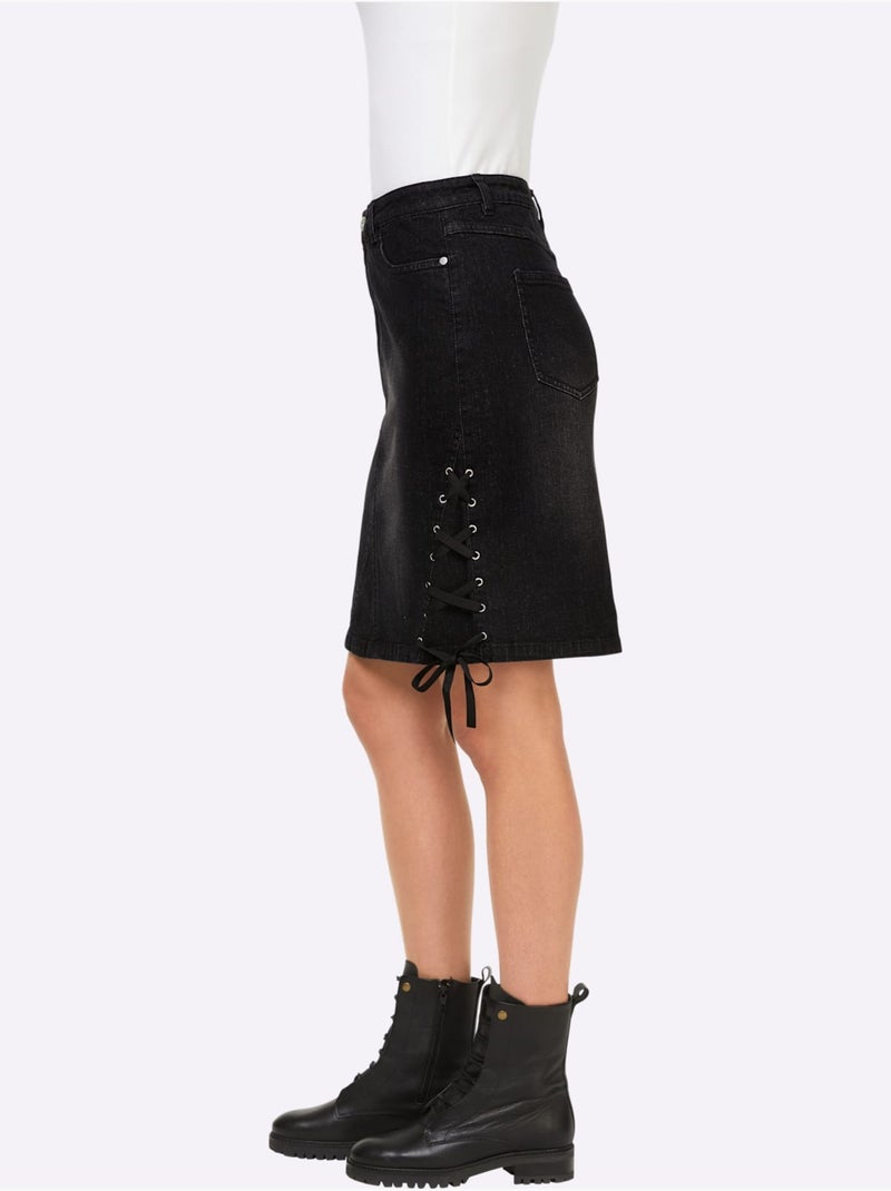 Jupe En Jean Lacets Sur Les Côtés - Taille Standard - Helline Noir - Kiabi