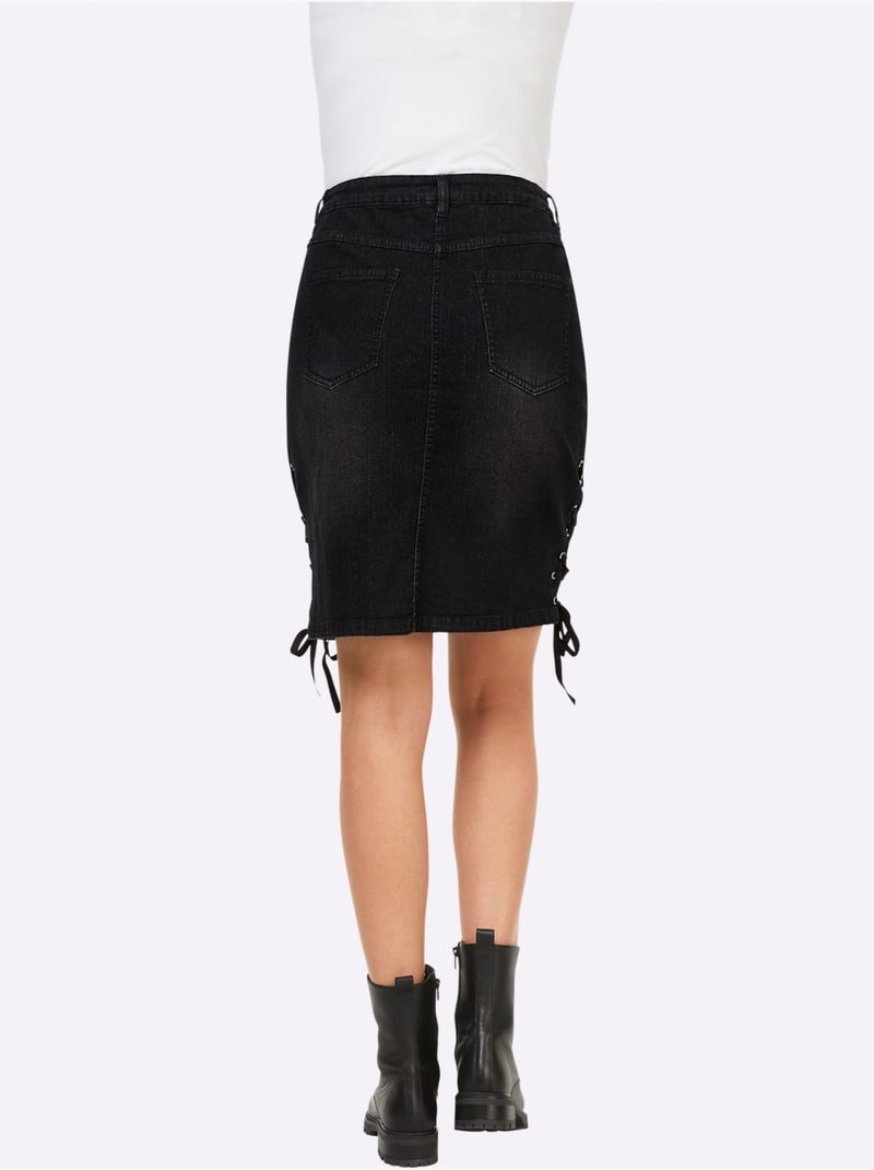 Jupe En Jean Lacets Sur Les Côtés - Taille Standard - Helline Noir - Kiabi