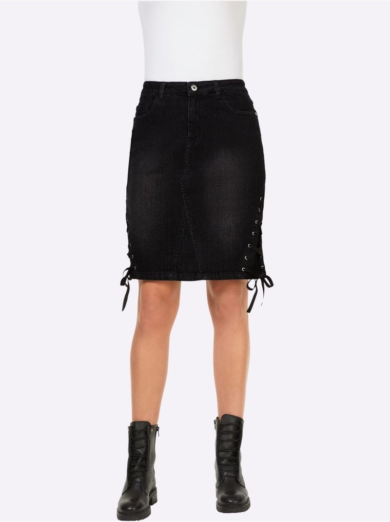 Jupe En Jean Lacets Sur Les Côtés - Taille Standard - Helline Noir - Kiabi