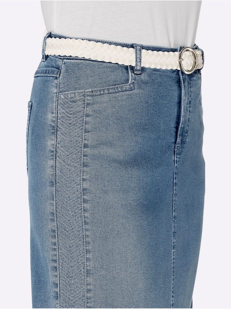 Jupe en jeans avec ceinture et empiècements en dentelle - Taille courte - Witt Bleu Blanc - Kiabi