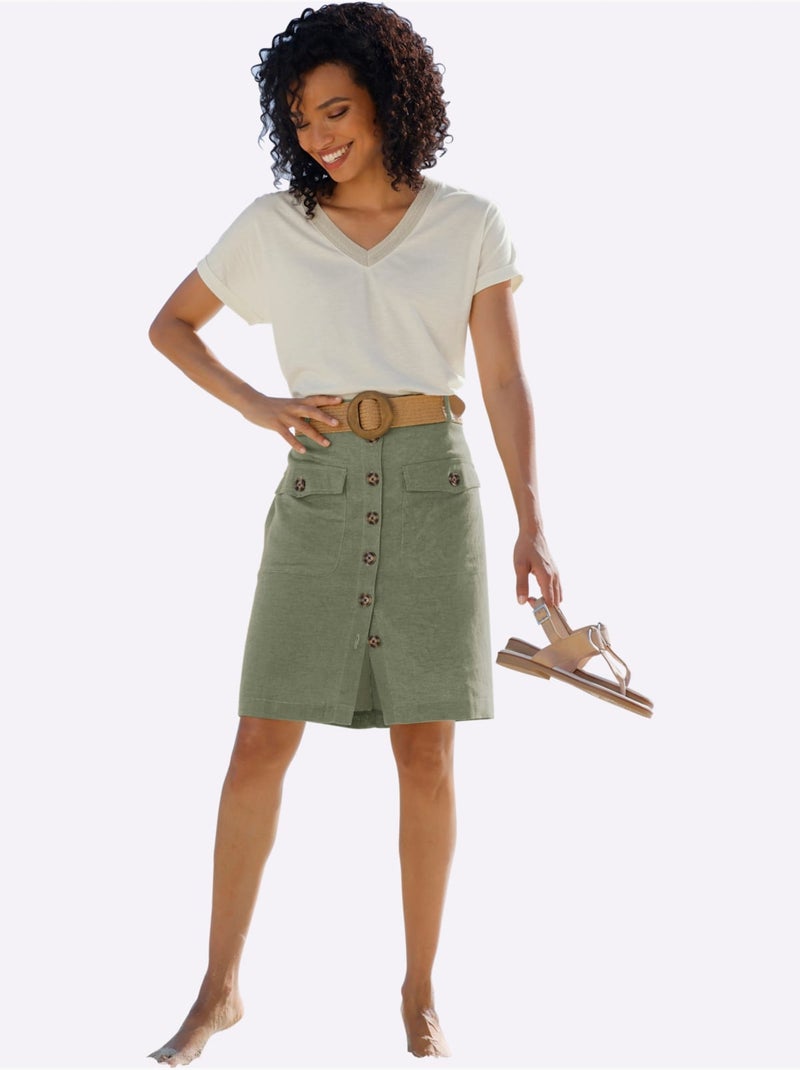 Jupe Estivale 55% Lin - Taille Standard - Helline Kaki - Kiabi