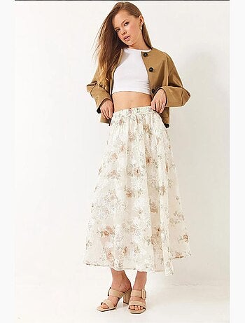 Jupe évasée doublée en tulle brodé floral à taille élastique lucci