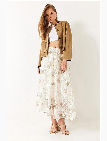 Jupe évasée doublée en tulle brodé floral à taille élastique lucci