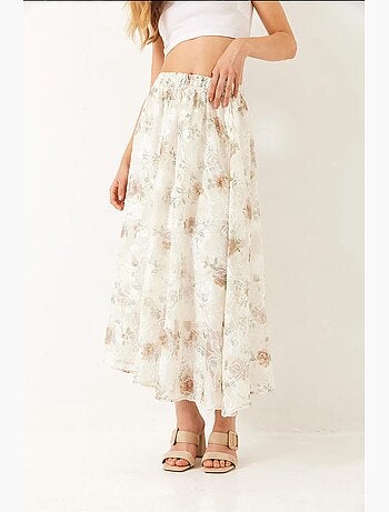 Jupe évasée doublée en tulle brodé floral à taille élastique lucci