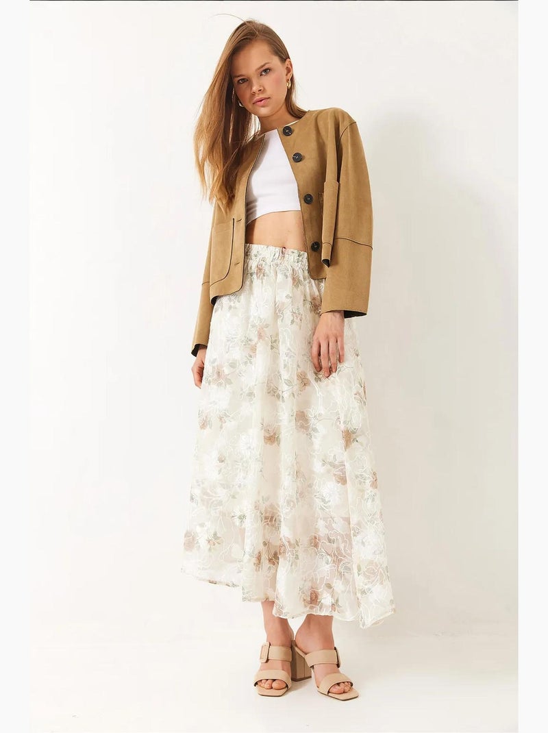 Jupe évasée doublée en tulle brodé floral à taille élastique lucci Blanc cassé - Kiabi