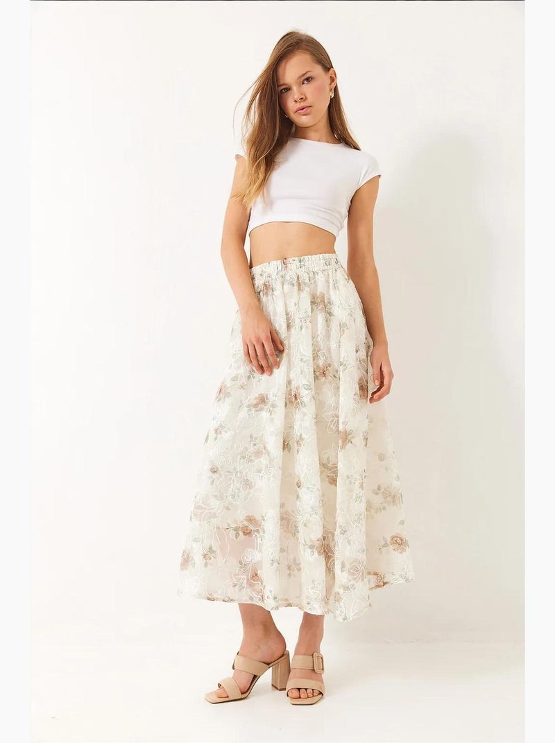 Jupe évasée doublée en tulle brodé floral à taille élastique lucci Blanc cassé - Kiabi