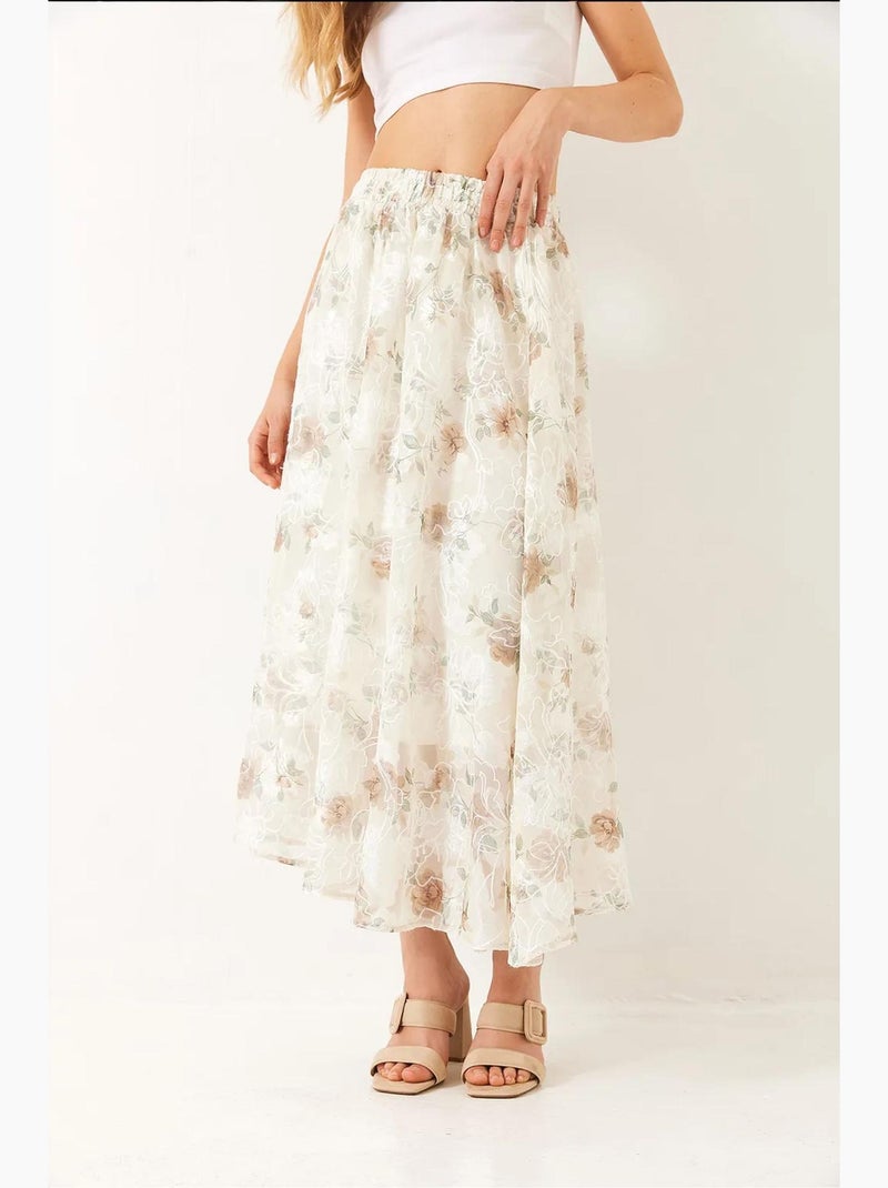 Jupe évasée doublée en tulle brodé floral à taille élastique lucci Blanc cassé - Kiabi
