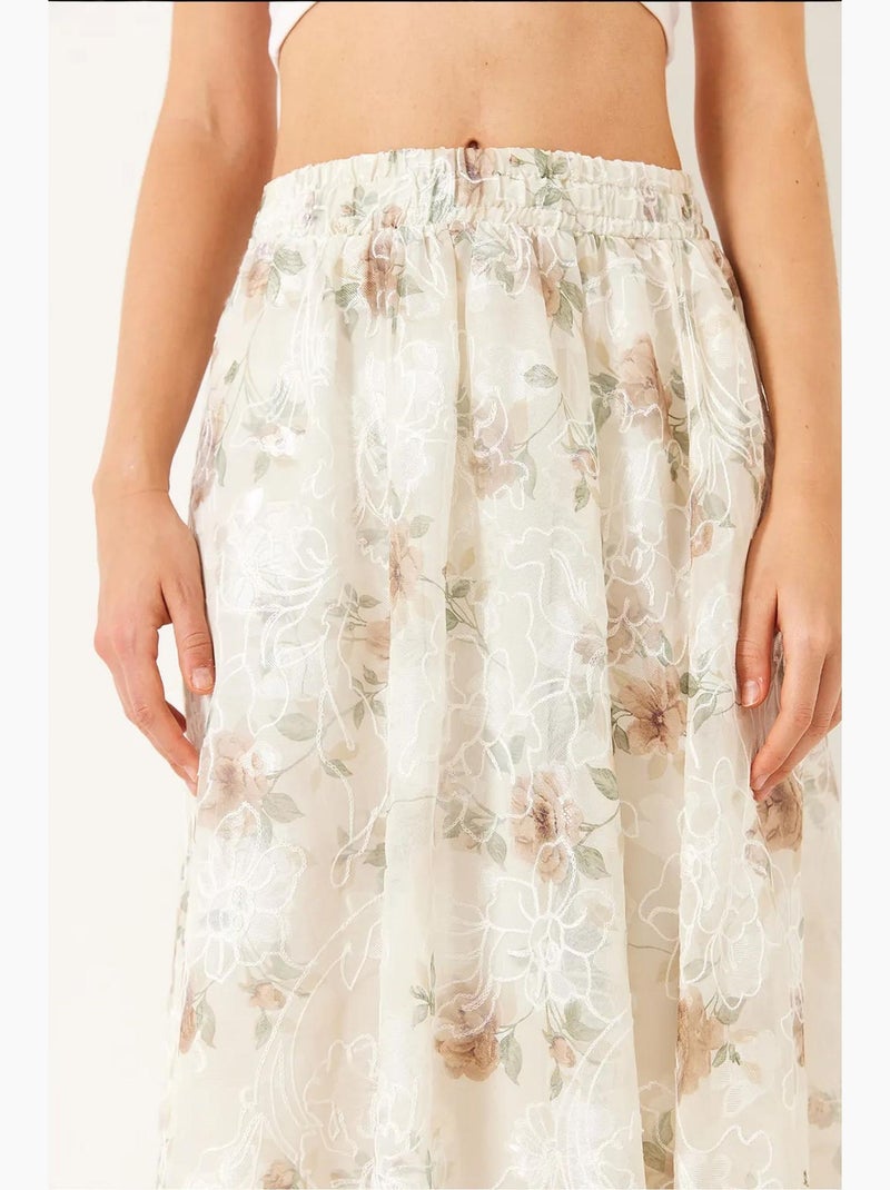 Jupe évasée doublée en tulle brodé floral à taille élastique lucci Blanc cassé - Kiabi