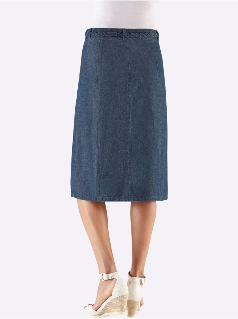 Jupe femme en imitation jean entièrement boutonnée avec ceinture tressée - taille standard - witt Bleu jean - Kiabi