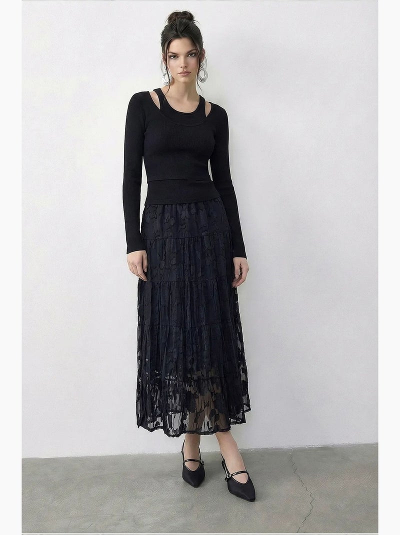 Jupe femme taille haute maxi texturée lucci Noir - Kiabi