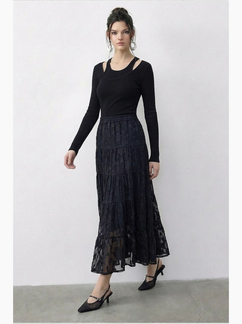 Jupe femme taille haute maxi texturée lucci Noir - Kiabi
