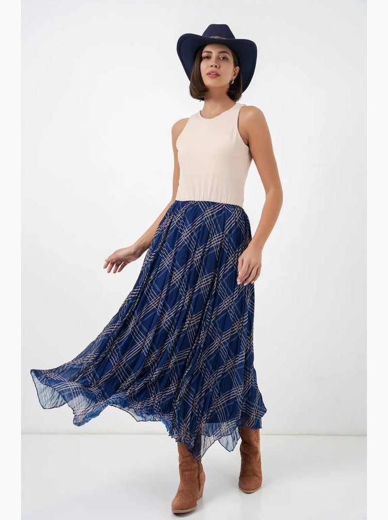 Jupe longue à carreaux taille haute avec fente bdart Bleu marine - Kiabi