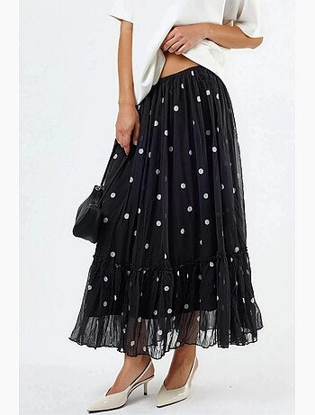 Jupe longue à pois à taille haute avec volants busem