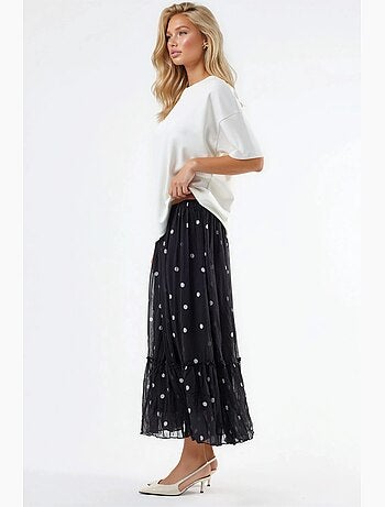 Jupe longue à pois à taille haute avec volants busem