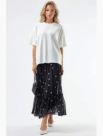 Jupe longue à pois à taille haute avec volants busem