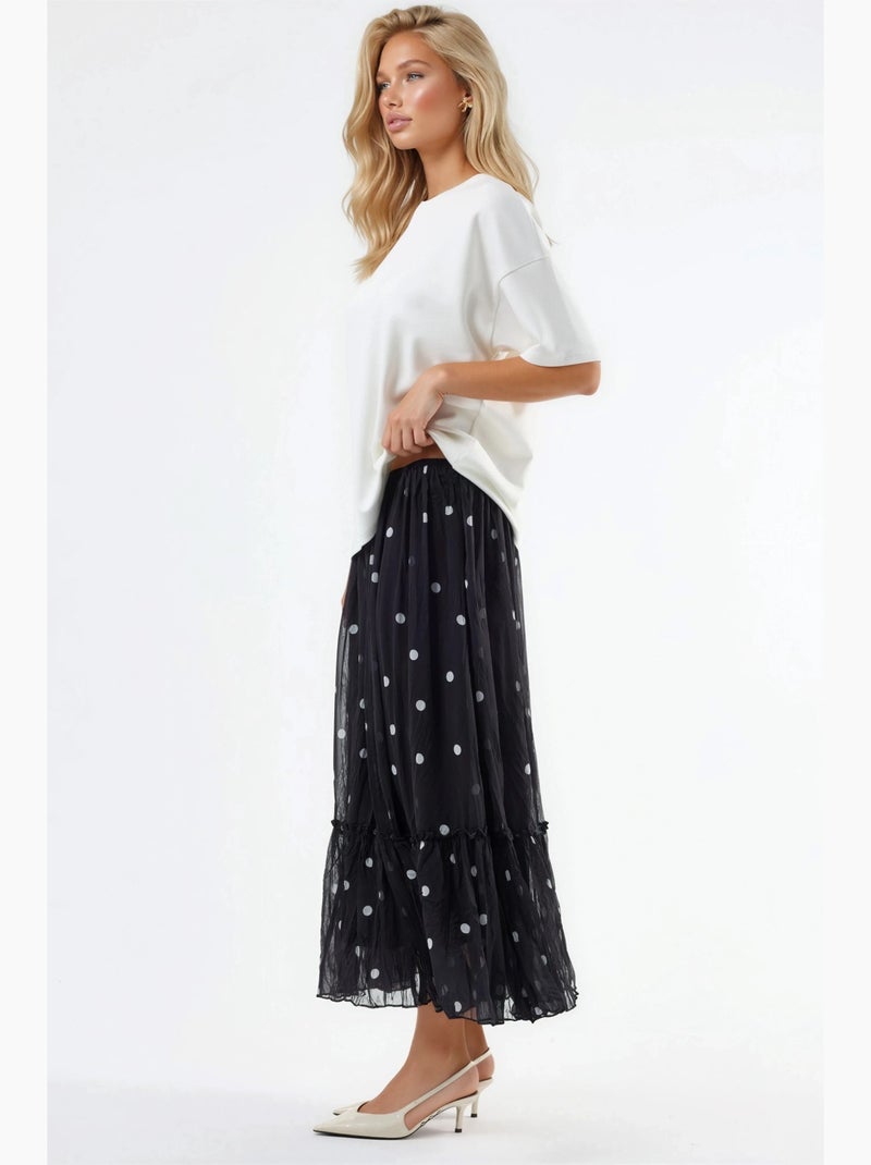 Jupe longue à pois à taille haute avec volants busem Noir - Kiabi