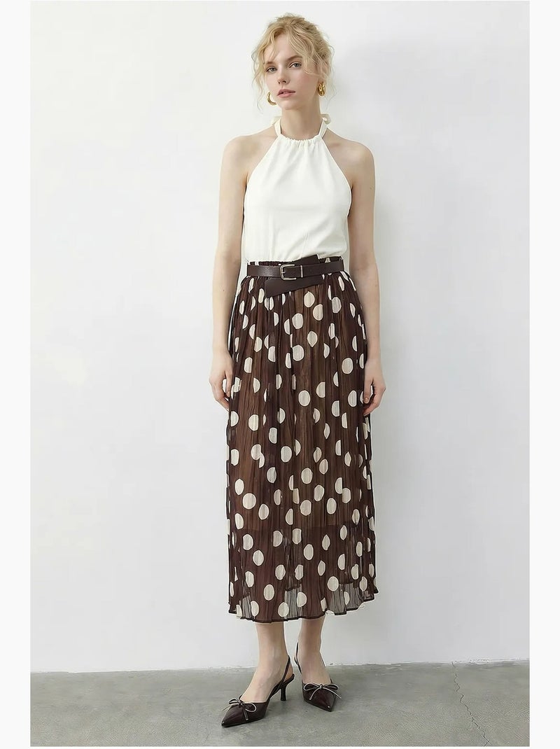 Jupe longue à pois taille haute avec ceinture lucci Marron chocolat - Kiabi