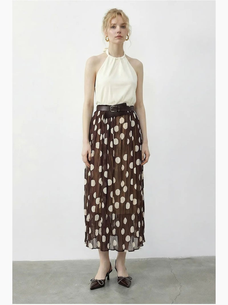 Jupe longue à pois taille haute avec ceinture lucci Marron chocolat - Kiabi