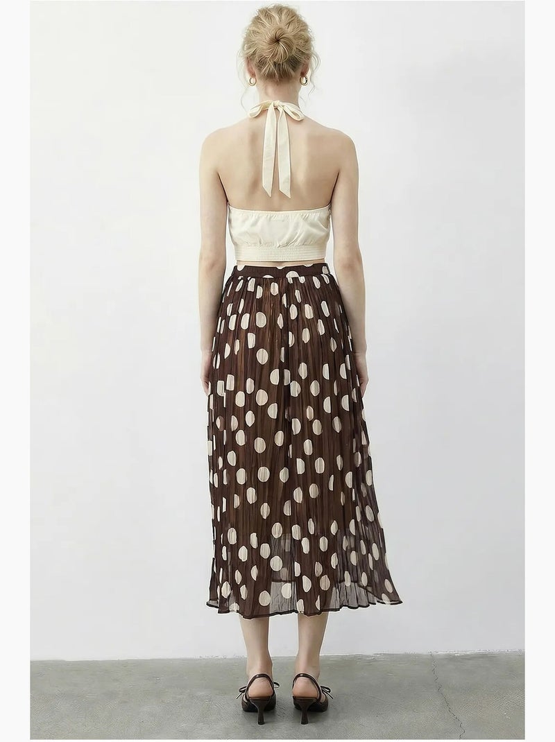 Jupe longue à pois taille haute avec ceinture lucci Marron chocolat - Kiabi