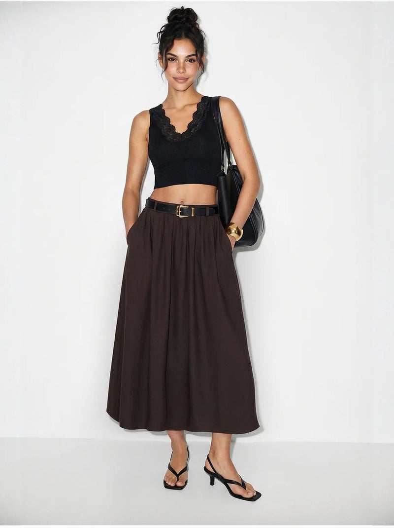 Jupe longue à taille haute et ceinture lucci Marron chocolat - Kiabi