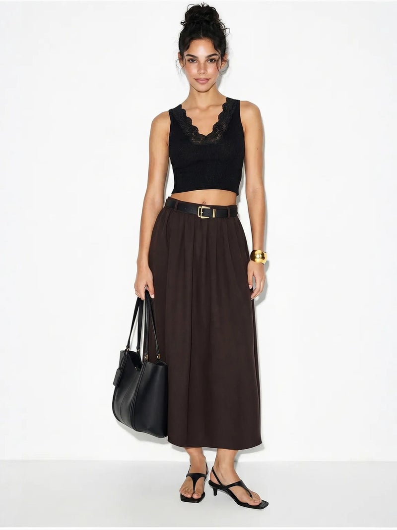 Jupe longue à taille haute et ceinture lucci Marron chocolat - Kiabi