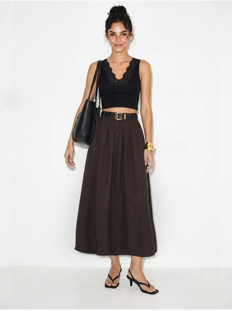 Jupe longue à taille haute et ceinture lucci Marron chocolat - Kiabi