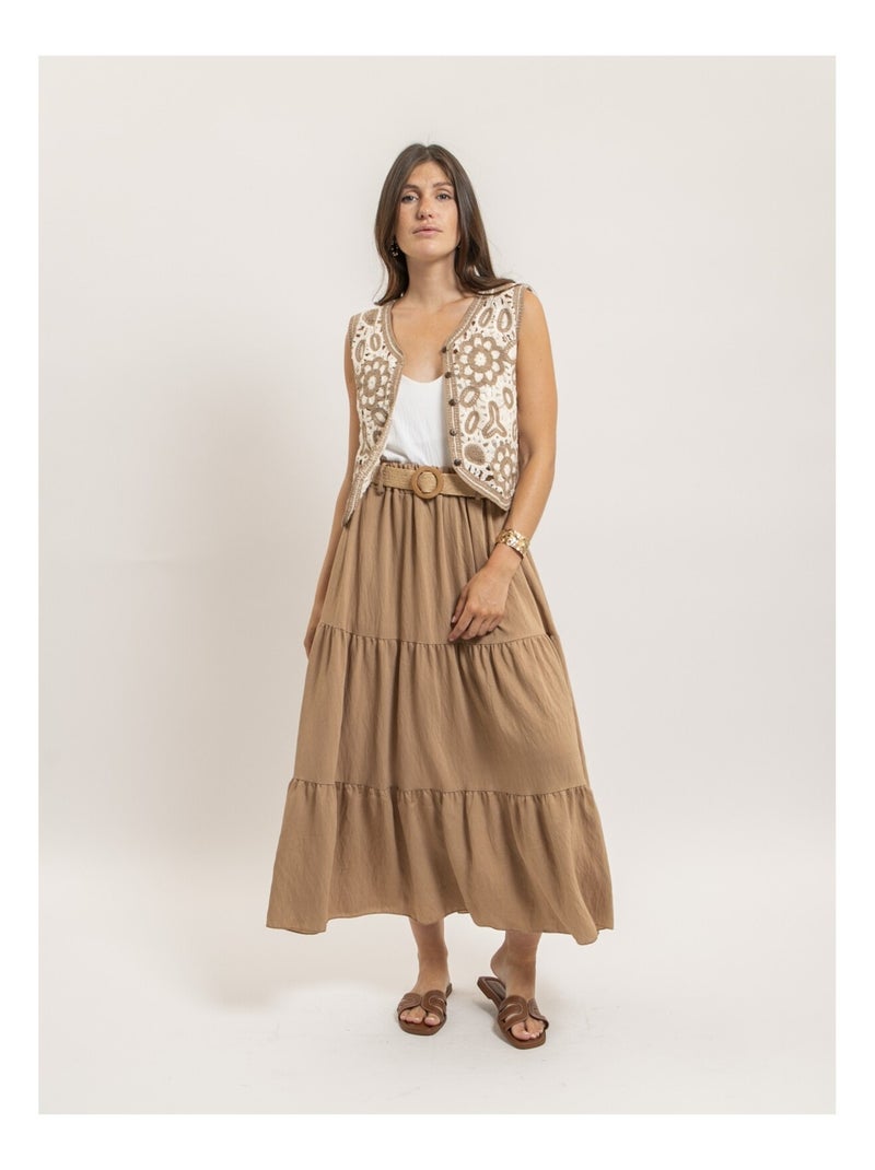 Jupe longue à volants avec ceinture XEPOLA Beige - Kiabi