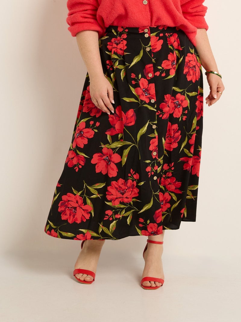 Jupe longue boutonnée évasée, motif fleuri Noir Rouge - Kiabi