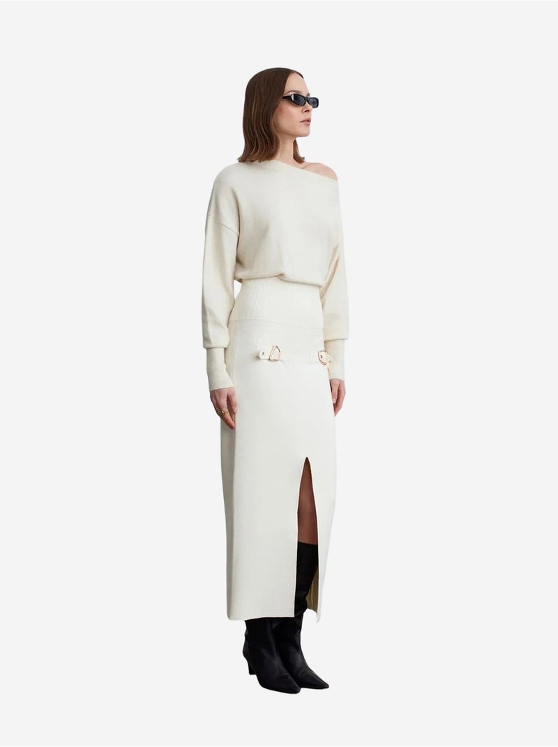 Jupe Longue Côtelée Taille Haute Crème - Kiabi