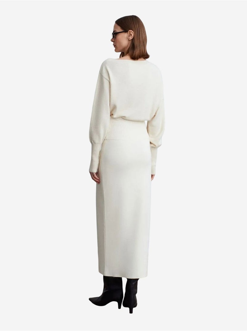 Jupe Longue Côtelée Taille Haute Crème - Kiabi