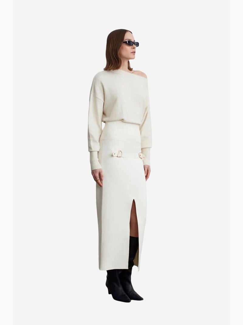 Jupe longue côtelée taille haute dilvin Crème - Kiabi