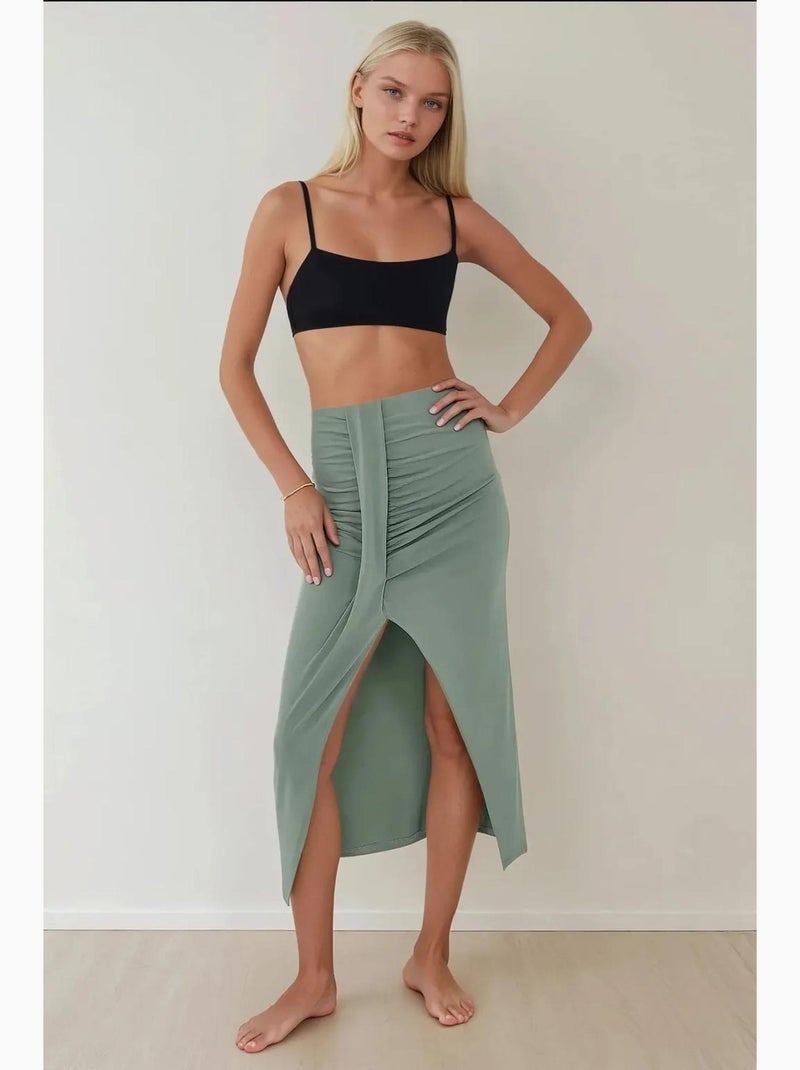 Jupe longue drapée moulante taille haute hiccup Kaki - Kiabi