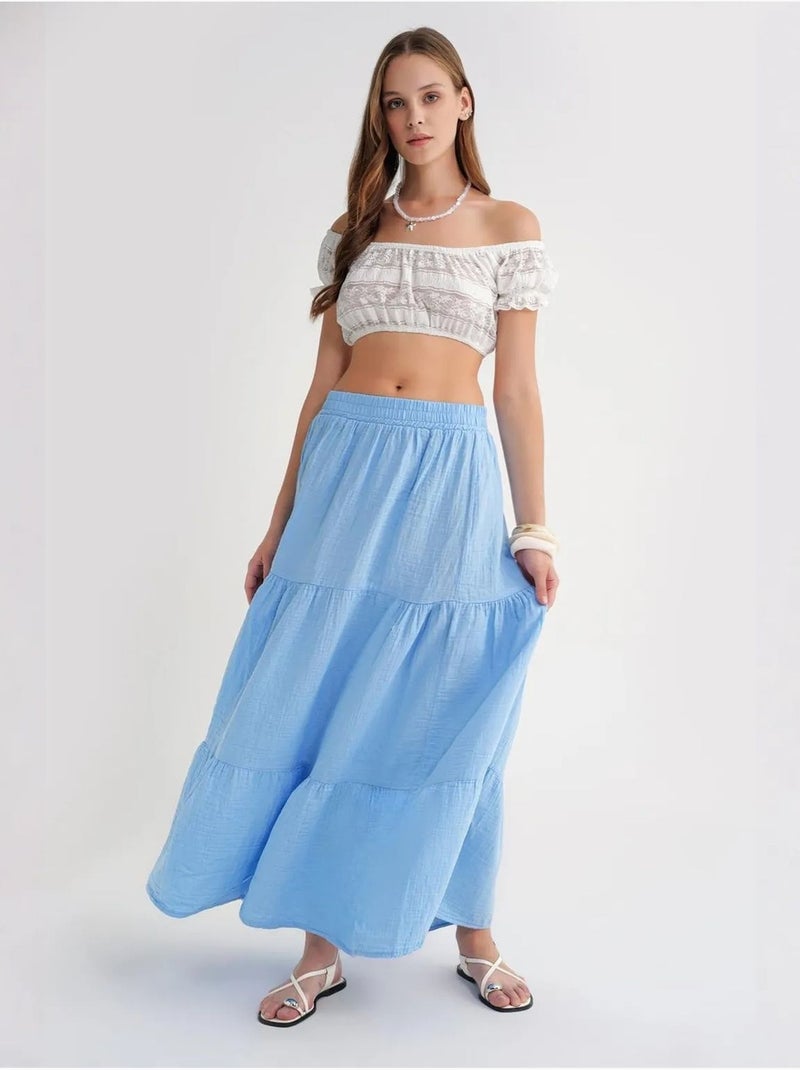 Jupe longue en coton avec taille élastique mixray Bleu ciel - Kiabi