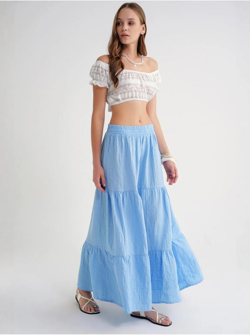 Jupe longue en coton avec taille élastique mixray Bleu ciel - Kiabi