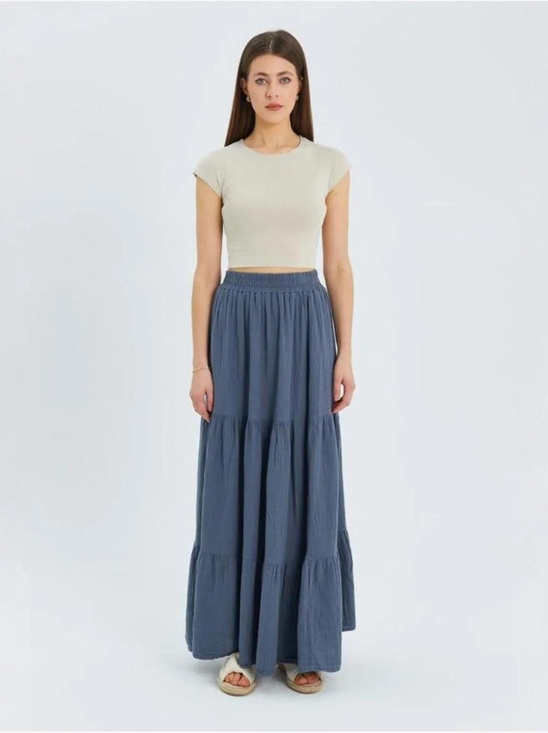 Jupe longue en coton avec taille élastique mixray Bleu - Kiabi