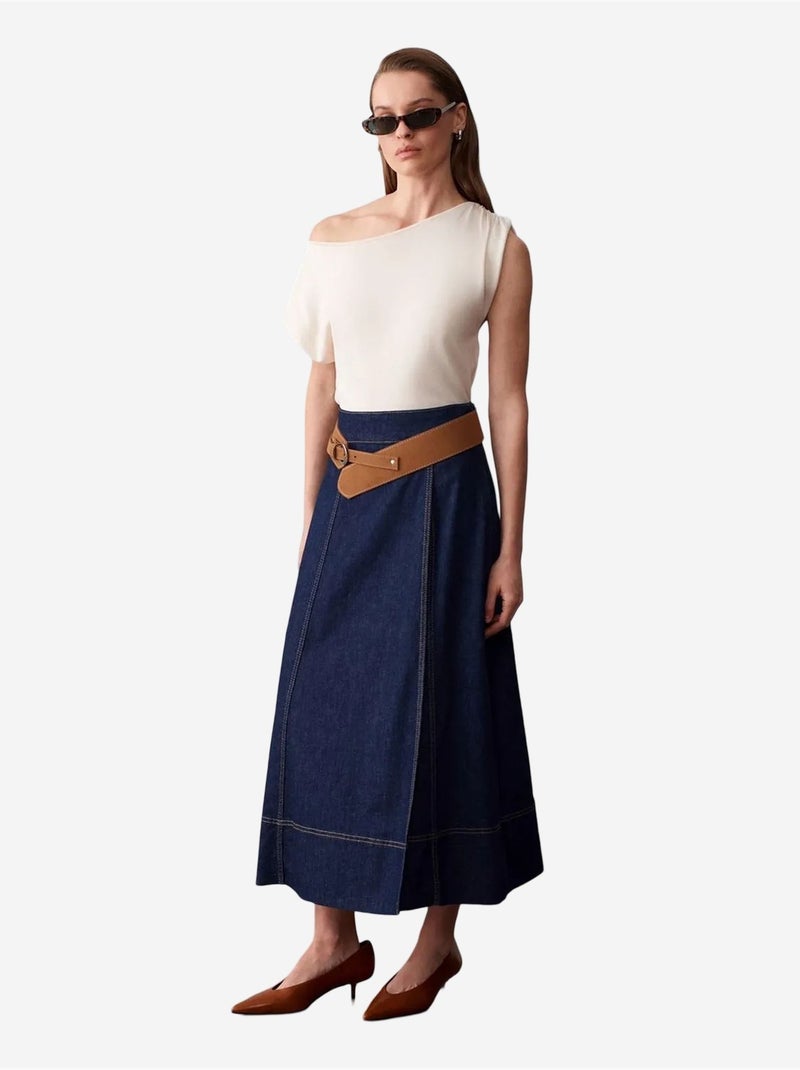 Jupe longue en denim coupe a, taille haute et ceinture dilvin Bleu outremer - Kiabi