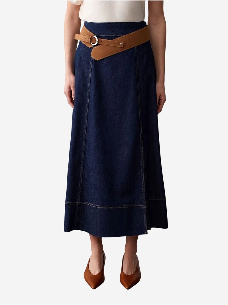 Jupe longue en denim coupe a, taille haute et ceinture dilvin Bleu outremer - Kiabi