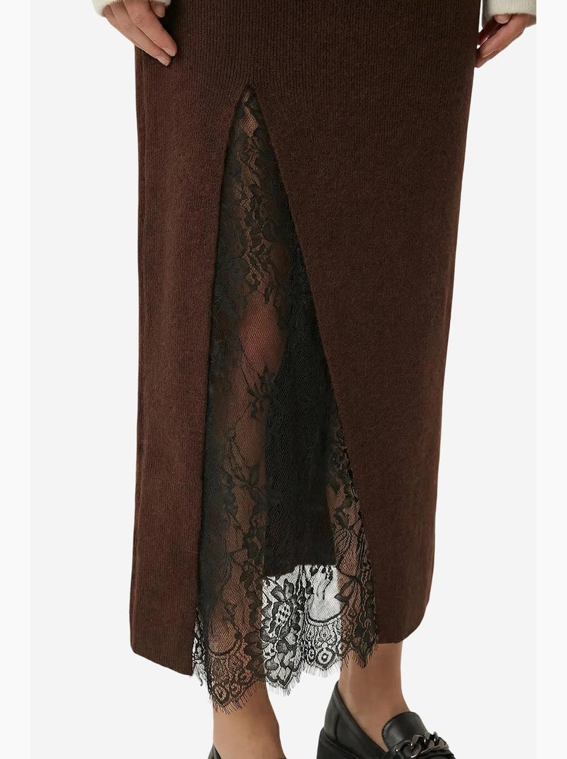 Jupe longue en dentelle taille haute istanbul Marron chocolat - Kiabi