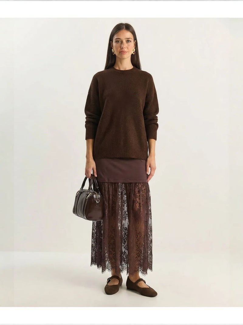 Jupe longue en dentelle taille haute lucci Marron chocolat - Kiabi