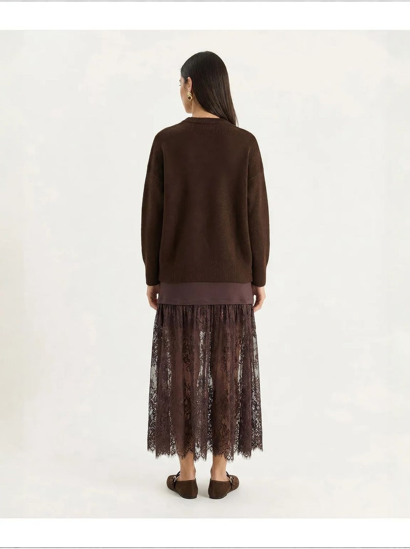 Jupe longue en dentelle taille haute lucci Marron chocolat - Kiabi