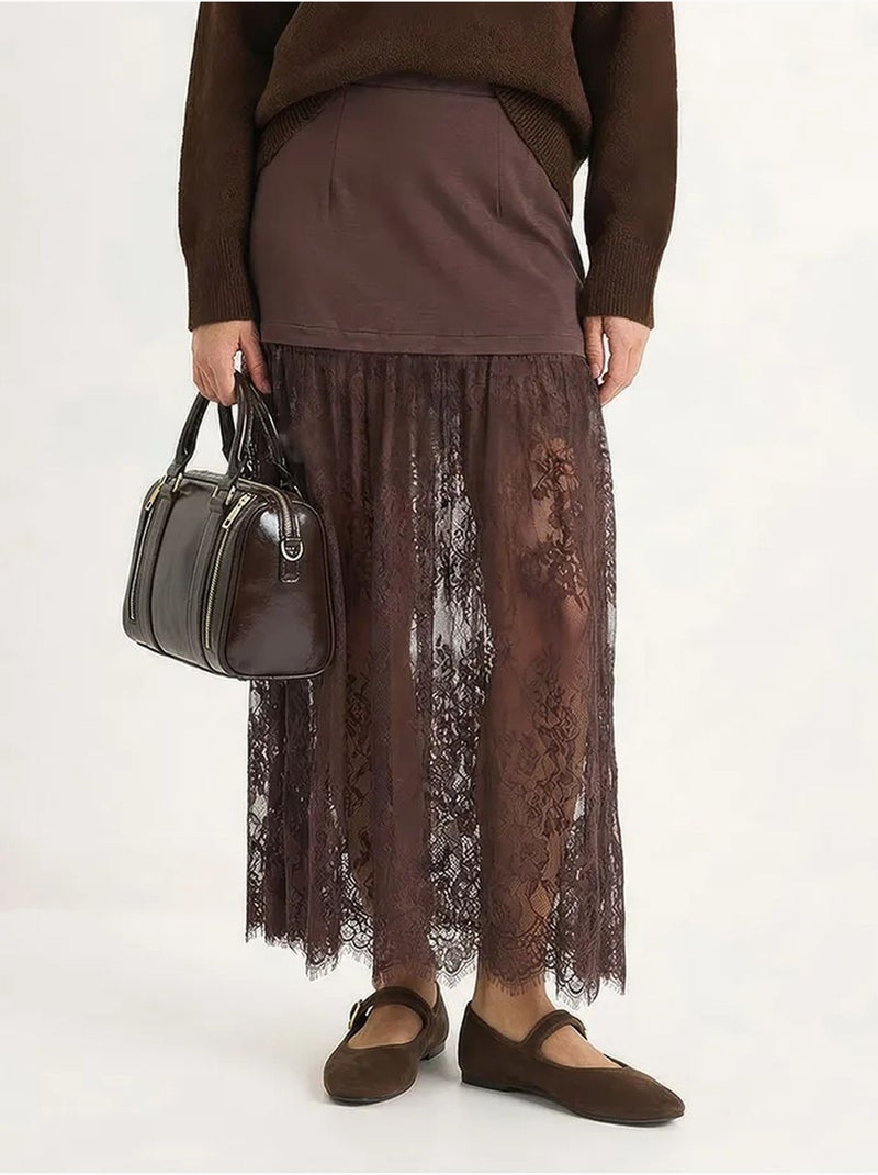 Jupe longue en dentelle taille haute lucci Marron chocolat - Kiabi