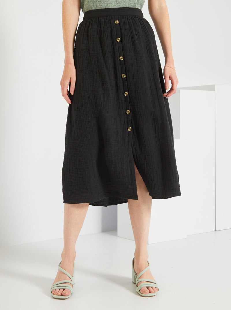 Jupe longue en double gaze de coton noir - Kiabi